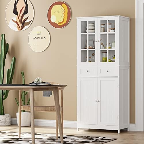 BOTLOG 71" Tall Kitchen Pantry Storage Cabinet, Pantry Cabinet with Drawers and Glass Doors, Freestanding Kitchen Cupboard for Dining Room, Laundry, White