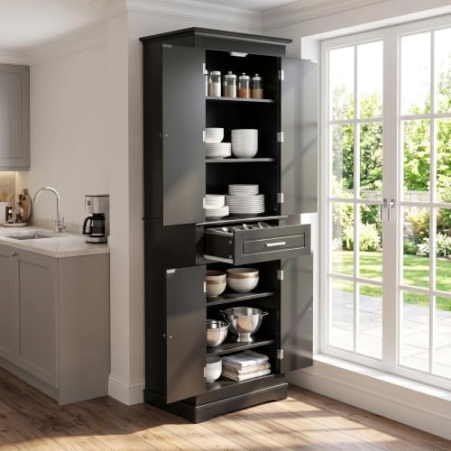Merax 70" Tall Kitchen Pantry Cabinet with Four Doors & One Drawer, Storage Cupboard for Living Room/Dining Room/Bathroom, Adjustable Shelves, Black
