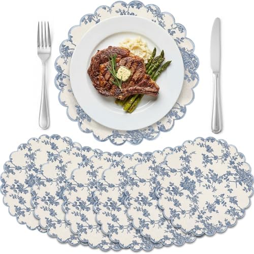Set of 6 Blue Cotton Placemats 15" Round Scalloped Navy Blue