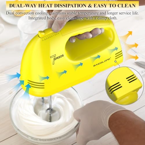 BAIGELONG Hand Mixer. 7-Speed Adjustable Kitchen Electric Mixer. With 5 Stainless Steel Attachments: 2 Hooks, 2 Beaters, 1 Whisk. Comes 1 Storage Box. Perfect for Bakers and New Starters, Yellow