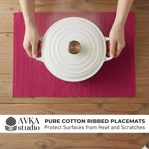 100% Cotton Ribbed Placemats - Set of 8-13 x 19 Inches - Fuchsia/Bright Pink - Everyday Basic Fabric Table Mats - Thick Construction, Washable & Reusable Cloth Place Mats - by AVKA Studio