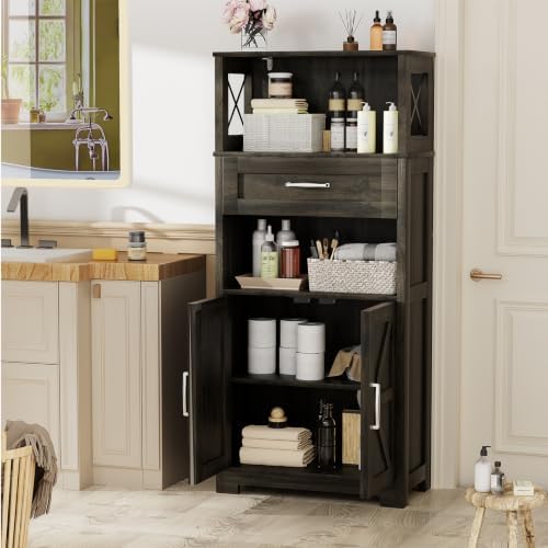 kepptory 55" Tall Farmhouse Pantry Cabinet, 23.6" W Narrow Kitchen Storage Cabinet with Drawer, Doors and Shelves for Kitchen and Dining Room, Grey