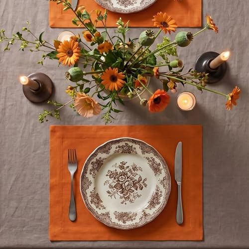 Solino Home 100% Pure Linen Placemats Orange, Fete 14 x 19 in, Set of 4