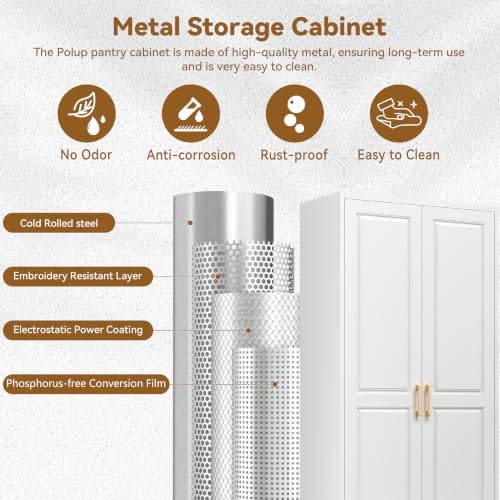 Polup 75" Pantry Cabinet, Tall Metal Storage Cabinet with Doors and Shelves