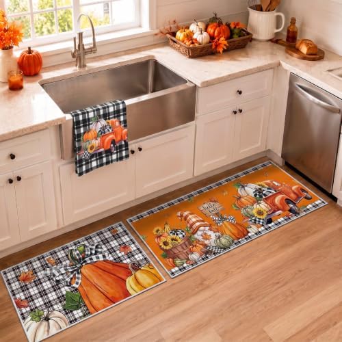 12 Pcs Fall Kitchen Decor Set, Plaid Orange Thanksgiving Kitchen Set