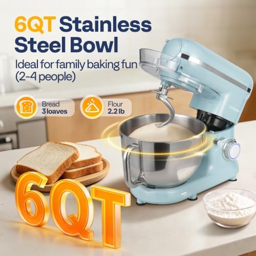 VIVOHOME 3-in-1 Stand Mixer, 6-Quart Tilt-Head Mixer, 10 Speeds, Blue