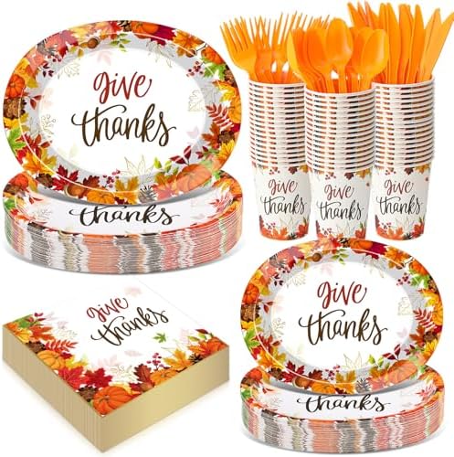 Pajean 350 Pcs Thanksgiving Oval Paper Plates Set with 12 Inch Maple Leaf