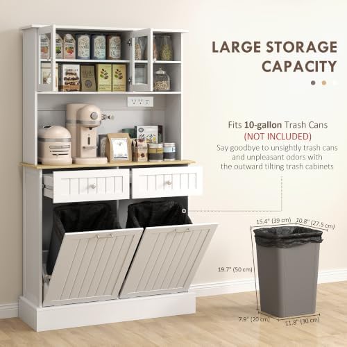 HOMCOM Kitchen Pantry with Tilt-Out Trash Can Cabinet, Power Outlet, White