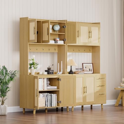 Tall Rattan Kitchen Pantry Storage Cabinet,Freestanding Coffee Bar Hutch