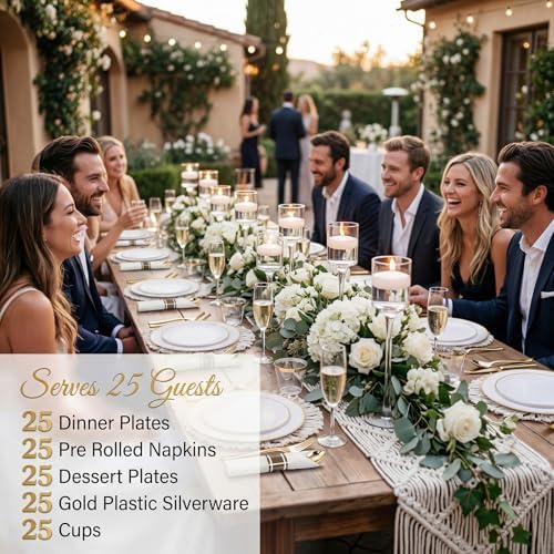 KIRE 175PCS Gold Plates Disposable - Heavy Duty White and Gold Plastic Plates Dinnerware Sets - 25 for Dinner 25 for Dessert 25 Pre Rolled Napkins and 25 Cups for Wedding/Party/Halloween/Thanksgiving