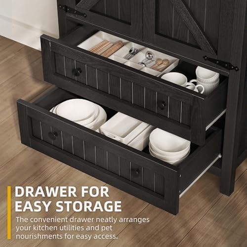 DWVO 64.5" Farmhouse Pantry Cabinet with 2 Drawers & Shelves, Oak Black