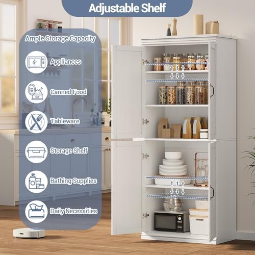 70 Inch Tall Pantry Cabinet, Wood Kitchen Storage Cabinet with 4 Doors & Adjustable Shelves, Modern White Pantry Organizer Cupboard for Dining Room, Living Room