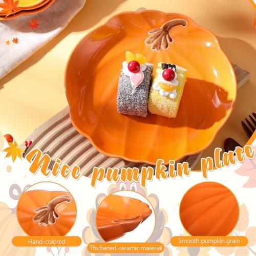 Rtteri 4 Pcs Pumpkin Ceramic Plates 8 Inch Thanksgiving Ceramic Pumpkin Platter Fall Versatile Serving Dish for Salads Fruit Dessert Smooth Textured Dinnerware Thanksgiving Fall Table Decoration