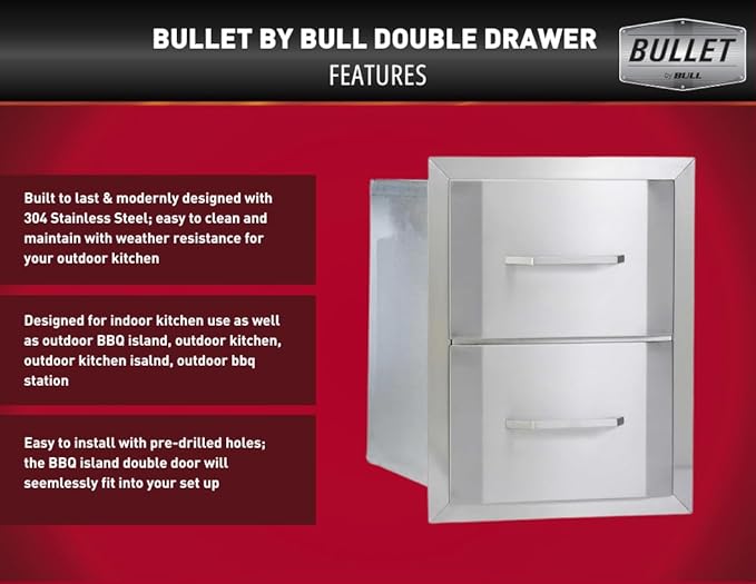 Bullet by Bull Stainless Steel Outdoor Kitchen Grill Set - Built-In Liquid Propane Grill -BBQ Kitchen Island Bundle - Includes 4 Burner Grill, Side Burner Single Access Door & Double Storage Drawer