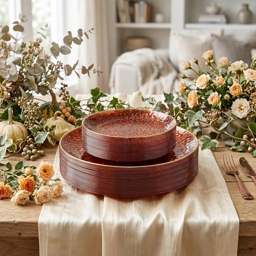 Rubtlamp 100Pcs Amber Gold Plastic Plates, Disposable Plates With Gold Rim, Heavy-duty Party Platos, Hammered Plastic Plates Include 50 Clear Dessert Plates, 50 Dinner Plates for Party