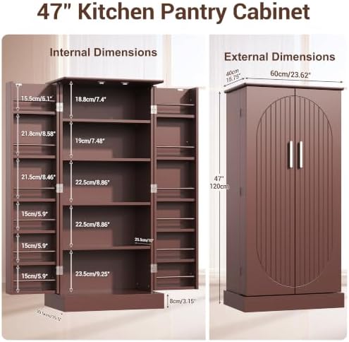 kepptory 47" Kitchen Pantry Cabinet, Freestanding Tall Storage Cabinet with Doors and Adjustable Shelves, Large Food Storage Organizer for Kitchen, Dining Room, Living Room, Farmhouse Cupboard, Brown