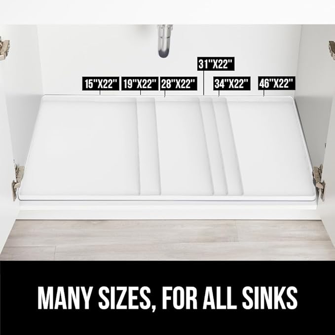 GORILLA GRIP Waterproof Silicone Under Sink Mat with Raised Lip for Kitchen and Bathroom, Cabinet Shelf Liner Stay in Place Mats Dishwasher Safe Drawer Liner, Organizer Tray, 19 x 34 in, White