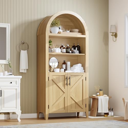 Arched Kitchen Pantry Cabinet with Doors, 5-Tier Open Display Shelf, Wood