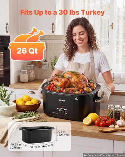 VEVOR Electric Roaster Oven, 26 Qt, Turkey Roasting Pan, Black, Viewing Lid