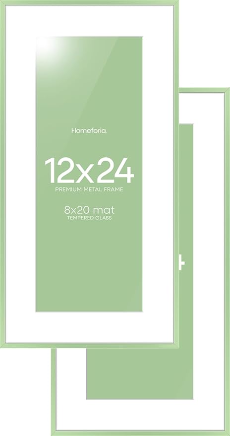 Homeforia 12x24 Sage Green Picture Frame, High End Metal 12x24 Poster Frames with Mat 8x20 Photo, 12 x 24 Green Frame Matted to 8 x 20 Print, 24x12 Panoramic Frames, Tempered Glass, Wall Kit, Set of 2