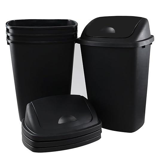 Kitchen Trash Can 13 Gallon with Swing Lid, Plastic Garbage Can Waste Bin, Recycle Bin and Waste Basket for Home, Office, Garage, Patio, Restaurant (Black, 4 Pack)