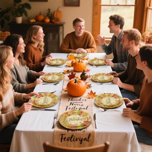 U-QE 50Pcs Thanksgiving Plastic Plates - Maple Leaves and Pumpkins Design