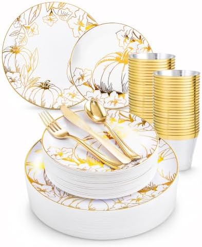 PULOTE 150PCS Thanksgiving Plastic Plates - Fall Gold Pumpkin for Autumn