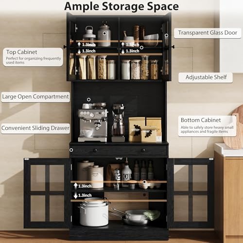 Garvee 72 Inch Kitchen Pantry Cabinet with Glass Doors, Drawer and Adjustable Shelves, Farmhouse Tall Storage Cabinet with Open Countertop, Coffee Bar Cabinet for Coffee Corner, Black