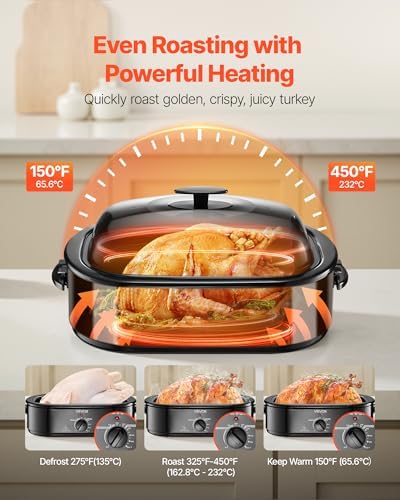 VEVOR Roaster Oven, 18QT Fast-Cooking Turkey Roaster, 150-450℉ Adjustable Temperature Turkey Oven with Self-Basting Lid, Removable Pan and Rack, Defrost & Warm Function, Electric Roasting Pan for Home