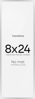 Homeforia 8x24 Panoramic Frame Silver, High End Metal 8 x 24 Picture Frames without Mat, 24x8 Hanging Silver Poster Frames for Wall, 8by24 inch Display Photo Frames, Tempered Glass, Wall Kit, Set of 1