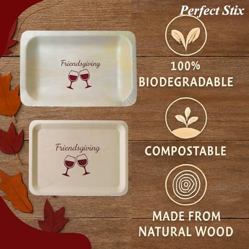 Perfect Stix Friendsgiving Plates and Napkins Set – 25 Large 10-Inch & 25 Small 7-Inch Eco-Friendly Wooden Plates with 50 Burgundy 2-Ply Dinner Napkins –Thanksgiving & Friendsgiving Gatherings