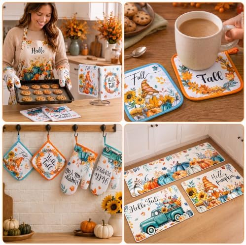 11 Pcs Fall Pumpkin Kitchen Decor Set, Blue Orange and White Rugs Towels
