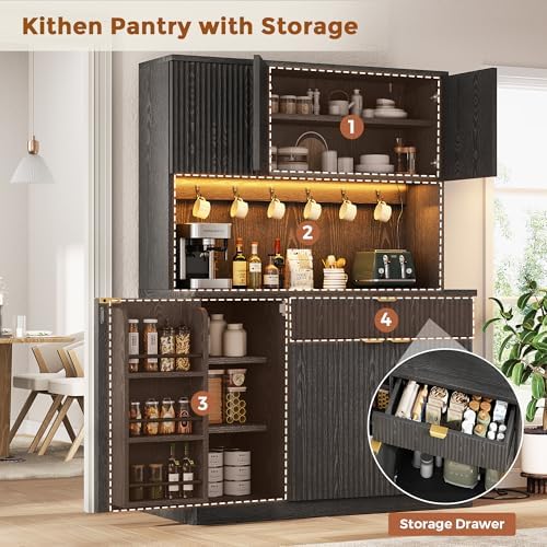 Jocoevol Fluted Kitchen Pantry Storage Cabinet with Charging Station & LED Lights,71" Tall Kitchen Hutch with Microwave Stand, Adjustable Shelves,Storage Doors (Black, 41 * 71 * 15.7)