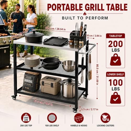 Grill Table with Stainless Steel Top, 28.54 x 16.14 in