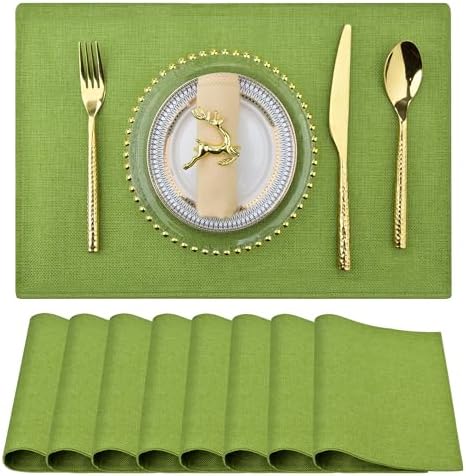 SLKQG Green Faux Linen Placemats Set of 8, Heat Resistant Washable Double Layer Cloth Place Mats for Dining Table, Wrinkle Resistant Linen Textured Farmhouse Kitchen Decor (8, Green)