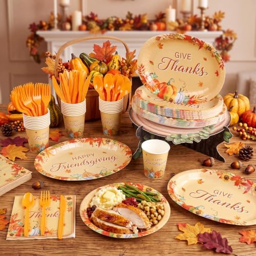 Pajean 175 Pcs Friendsgiving Oval Paper Plates Set 12 Inch Fall Serves 25