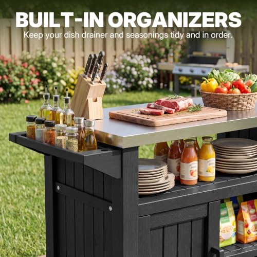 Fancyango Rolling BBQ Prep Cart – Outdoor Grill Table with Wheels-Black
