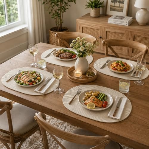 Oval Woven Placemats Set of 8 Heat Resistant Placemats 17.5 x 12 Inches Farmhouse Cotton Rope Place Mats for Dining Tables Trivets for Hot Dishes, Beige