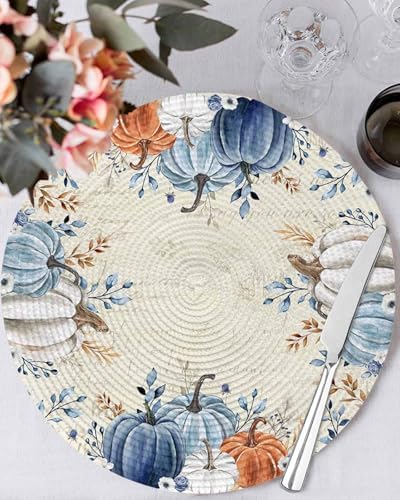 Fall Round Placemats Set of 4 Pumpkin Blue Orange Thanksgiving Place Mats Washable Woven Placemat White Pumpkin Leaves Circle Braided Table Mat for Kitchen Dining Table Holiday Party Decor 15 Inch