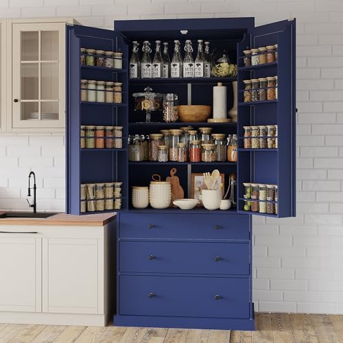 Merax 77" Tall Kitchen Storage Cabinet Pantry Farmhouse Freestanding Large Cupboard with 3 Drawers,Adjustable Shelves,8 Door-Shelf for Dining Room