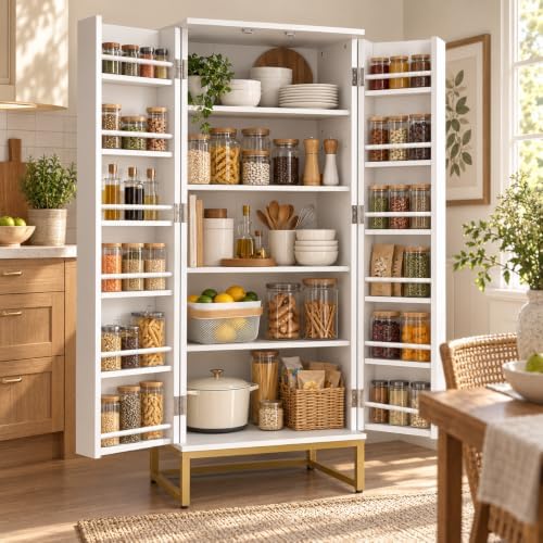 kepptory 51" Kitchen Pantry Cabinet, Freestanding Food Storage Cabinet with Adjustable Shelves and Door Racks, Tall White Kitchen Cupboard with Gold Metal Base and Handles for Dining Room