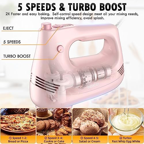 GUALIU Electric Hand Mixer, 304*(2* Beaters, 2* Dough Hooks), (1* Storage Bag) Handheld Mixer for Baking Cakes, Eggs, Cream Food Mixers, Turbo Boost /5 Speed Kitchen Blender PINK