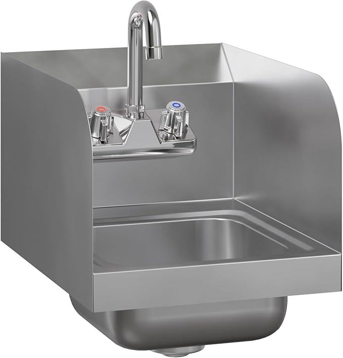 Commercial Stainless Steel Wall Mounted Hand Sink 12" x 16" with Side Splash and Gooseneck Faucet | NSF