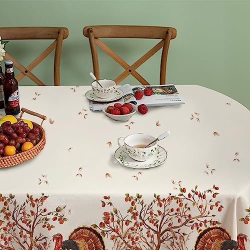 Fall Thanksgiving Double Border Decoration Tablecloth, Turkey & Pumpkin Harvest Tablecloths, Waterproof Table Cover for Dinner Kitchen Party Holiday Decorations Oval 60 x 84 Inch