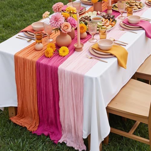 6 Pcs Hot Pink and Orange Cheesecloth Table Runners 118"