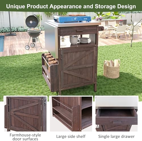 Outdoor Grill Cart with Stainless Steel Top, Solid Wood Prep Table