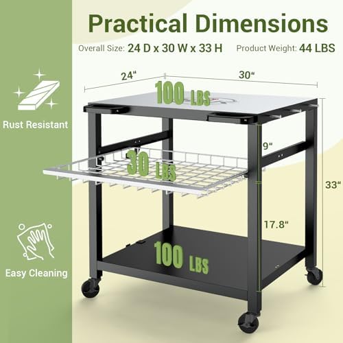 NUUK Grill Cart, 30 X 24 in Pizza Oven Table, Stainless Steel Top, 3-Tier