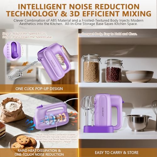 BAIGELONG Hand Electric Mixer, 5-Speed KitchenMixer with 5 * 304 Stainless Steel Attachments + Storage Base, Food Handheld Mixer for Baking, Whipping Cream, Cake Mixing, Purple