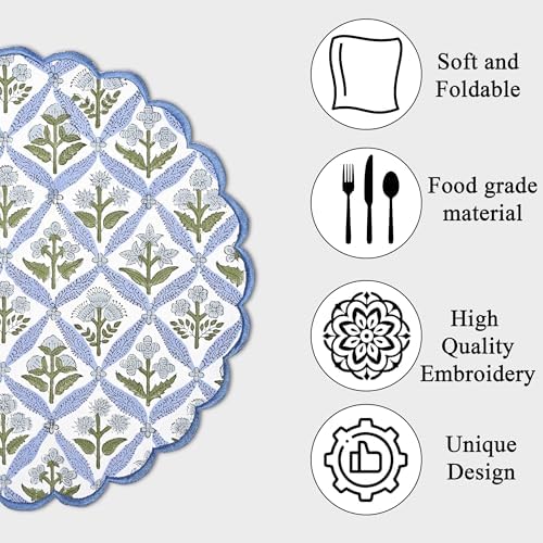 Ridhi Floral Block Print Round Placemats 15 in, Set of 4, Light Steel Blue