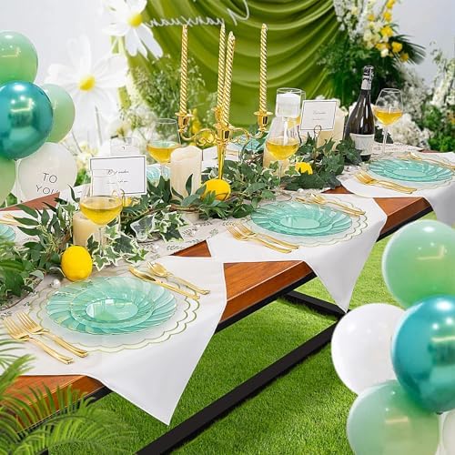 Set of 8 Cotton Linen Placemats, 15x15 Scalloped Flower Embroidery Cloth Table Mats Double Layered Fabric Machine Washable Wrinkle Free Dining Placemat for Restaurant Kitchen Decor, White with Green